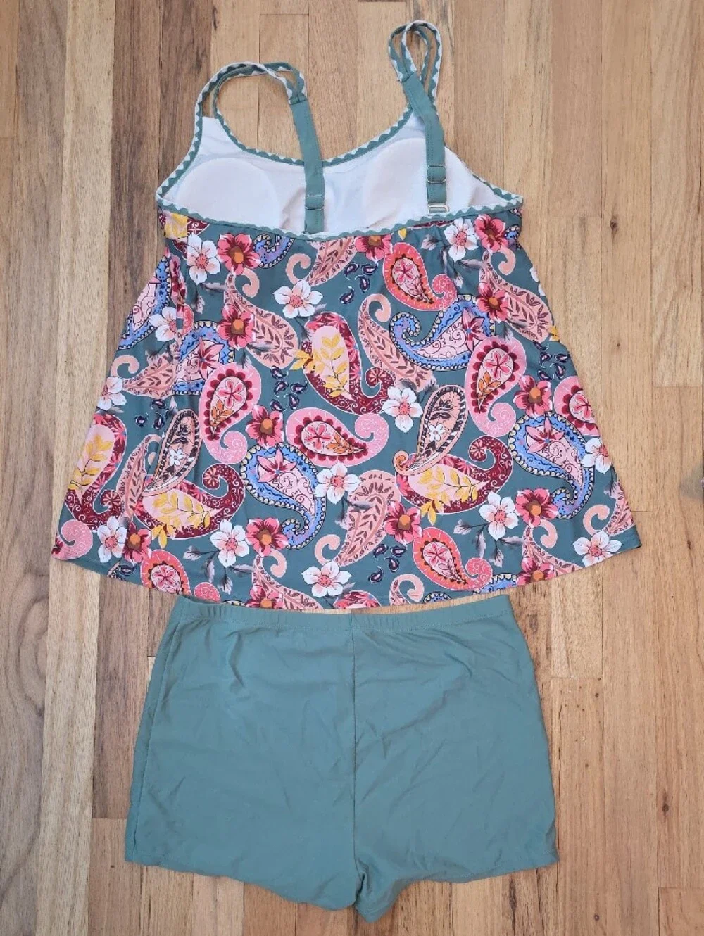 Women’s Paisley Print Tankini Top and Green Swim Skirt Set